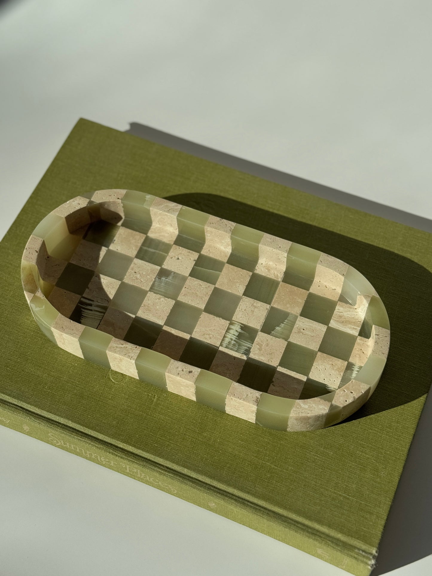 Checkered Green Onyx & Travertine Oval Catchall